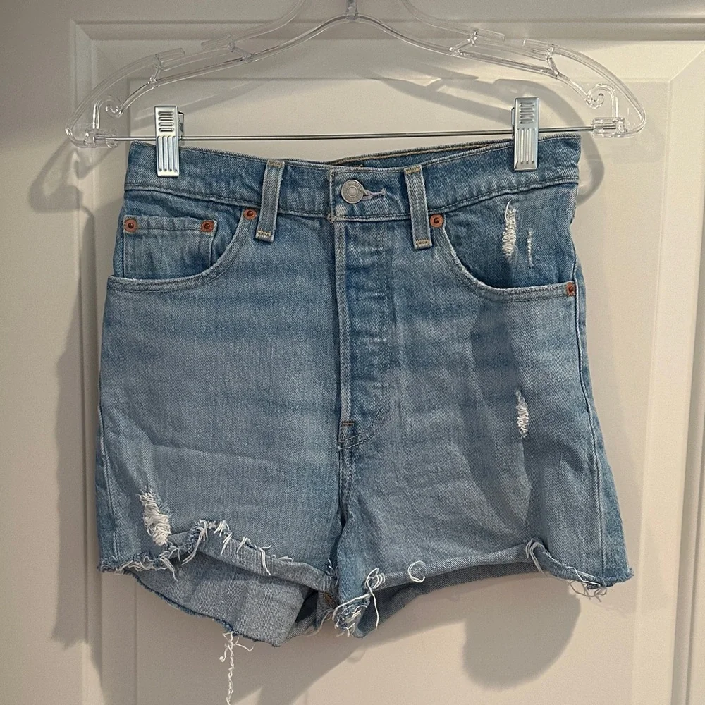 Distressed Levi’s Ribcage Denim Shorts - Picture 1 of 3